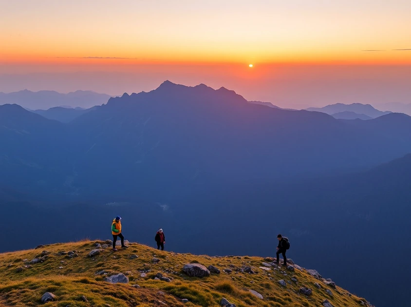 Tres personas en una cima montañosa al atardecer