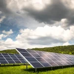 Paneles solares en un campo bajo un cielo nublado