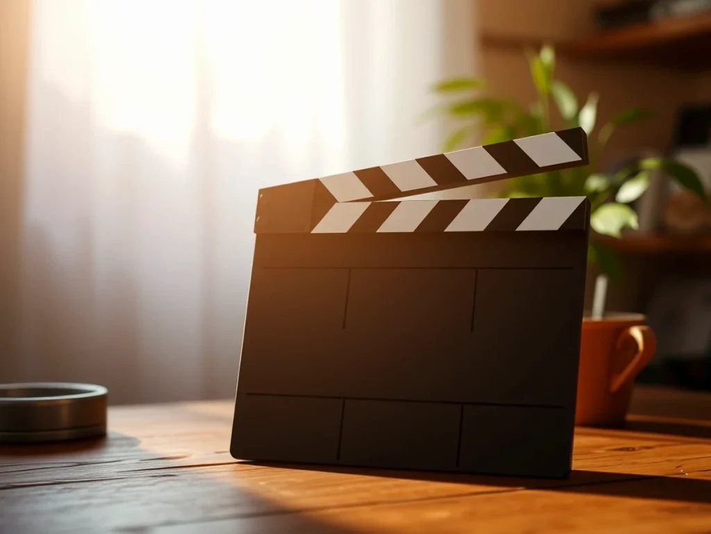 Claqueta de cine sobre una mesa iluminada por el sol