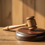 Wooden gavel resting on a round base on a wooden table.