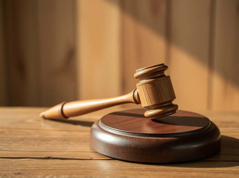 Wooden gavel resting on a round base on a wooden table.