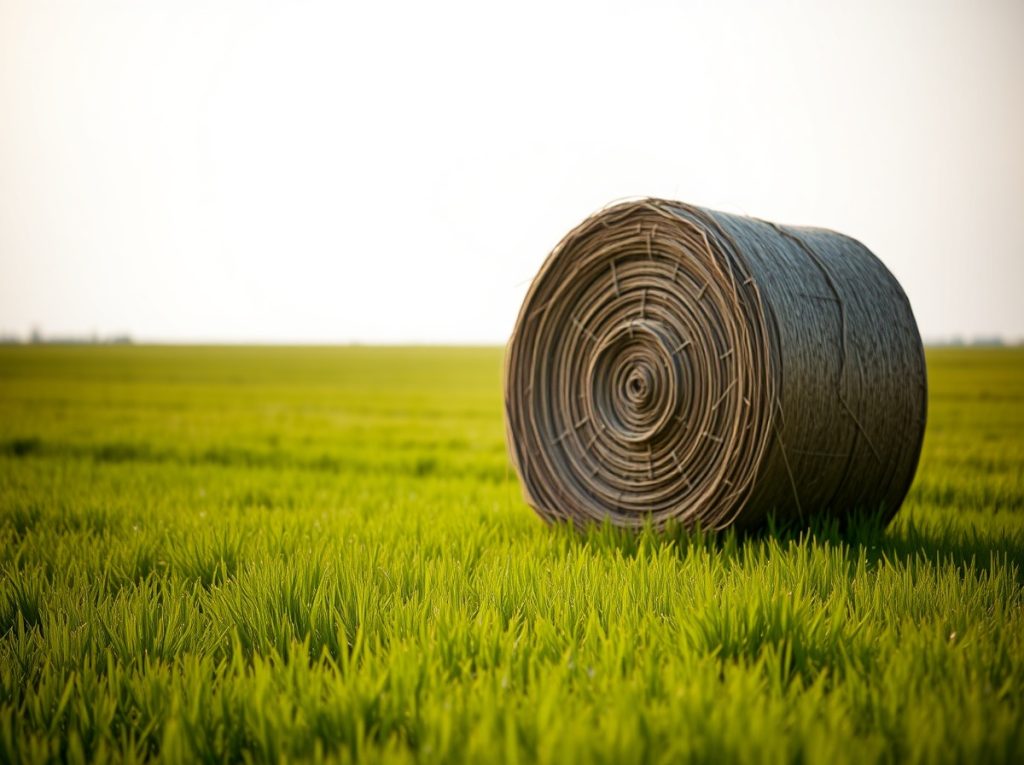 Rollo de paja en un campo verde de arroz