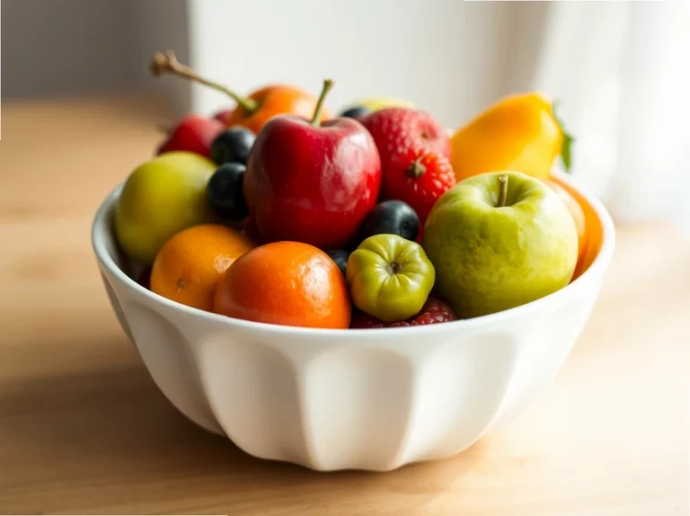 Tazón blanco con variedad de frutas frescas y coloridas.
