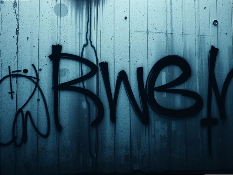 Grafiti en la pared con la palabra Rwem en letras grandes y oscuras.