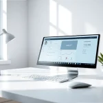 Escritorio moderno con monitor, teclado y planta decorativa.