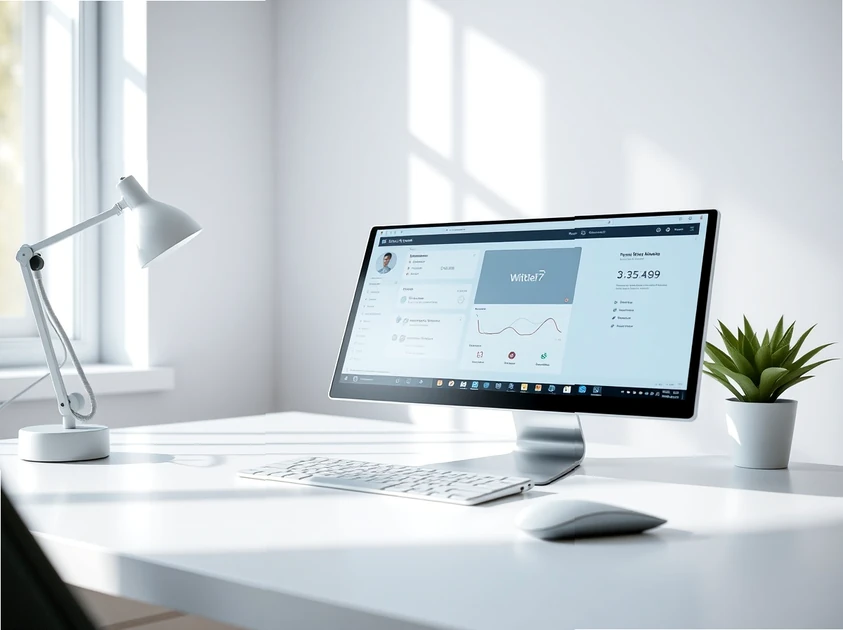 Escritorio moderno con monitor, teclado y planta decorativa.