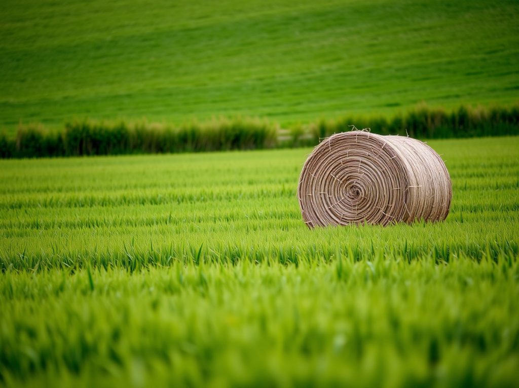 Rollo de paja en un campo verde de cultivos