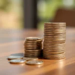 Monedas apiladas sobre una mesa de madera