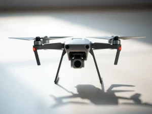 Drone moderno en primer plano sobre fondo claro