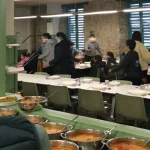 Comedores con platos de comida y personas en albergue juvenil