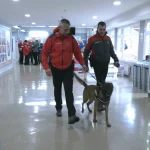 Dos hombres con chaquetas rojas caminan con un perro en un edificio