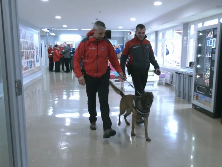Dos hombres con chaquetas rojas caminan con un perro en un edificio