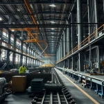 Interior de una planta industrial con trabajadores y maquinaria
