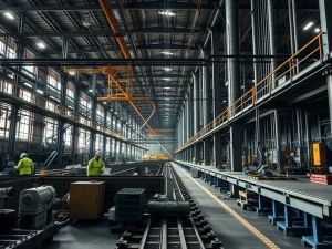 Interior de una planta industrial con trabajadores y maquinaria