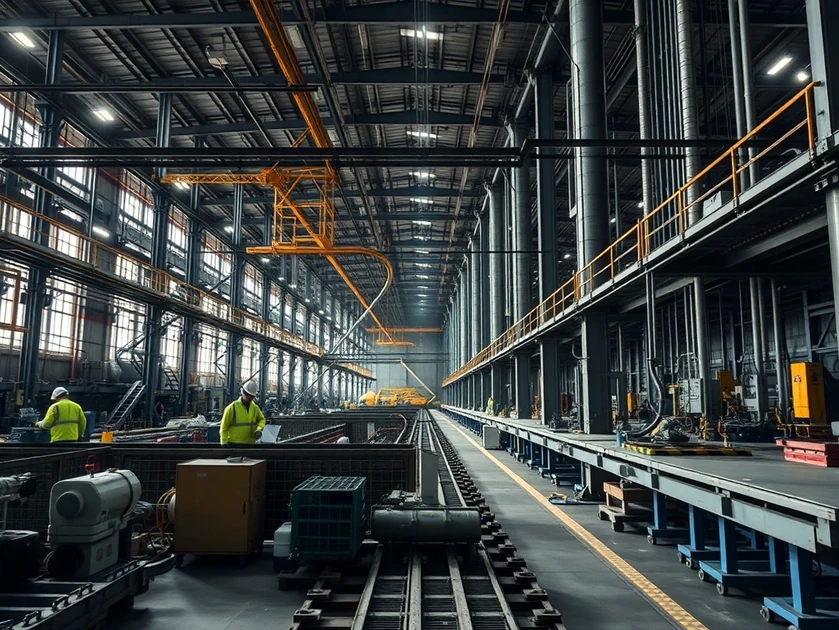 Interior de una planta industrial con trabajadores y maquinaria