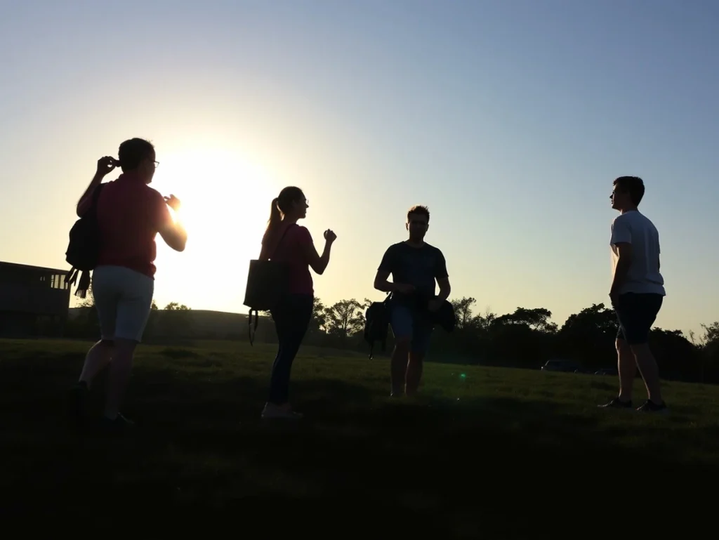 Siluetas de jóvenes conversando al atardecer en un campo.