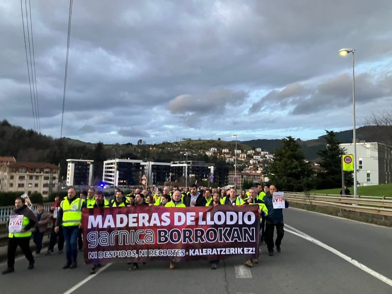 Manifestación de trabajadores de Maderas de Llodio con pancarta