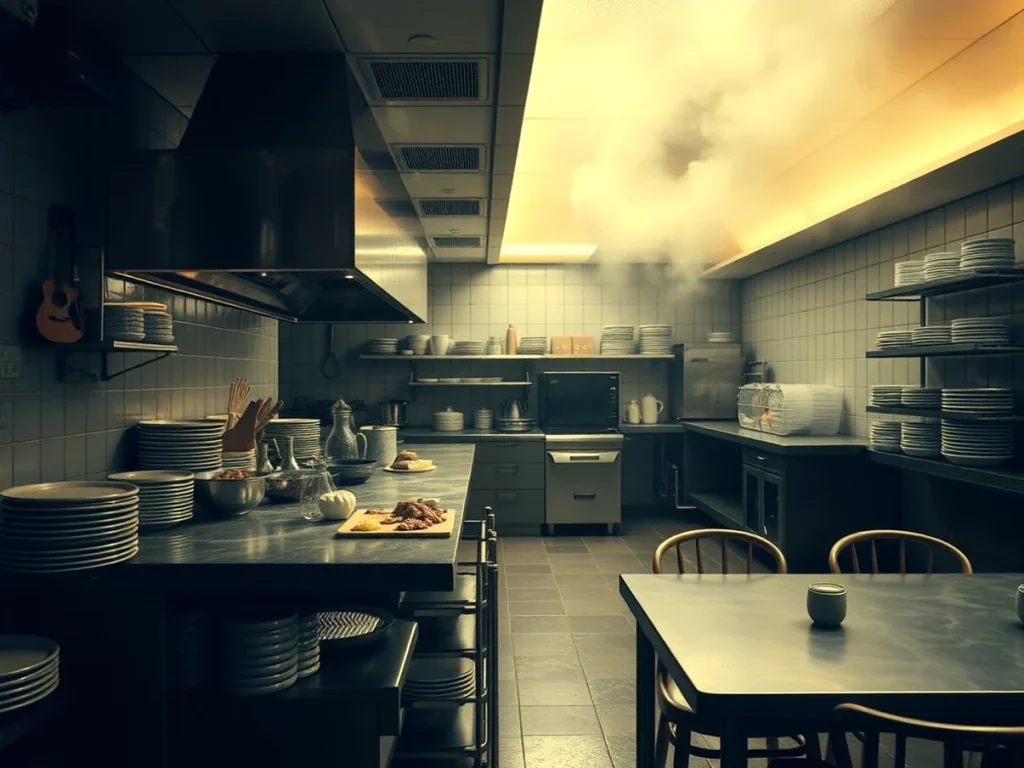 Cocina industrial con humo y utensilios de cocina