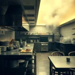 Cocina industrial con humo y utensilios de cocina