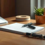 Escritorio con cuaderno, bolígrafo y planta decorativa.