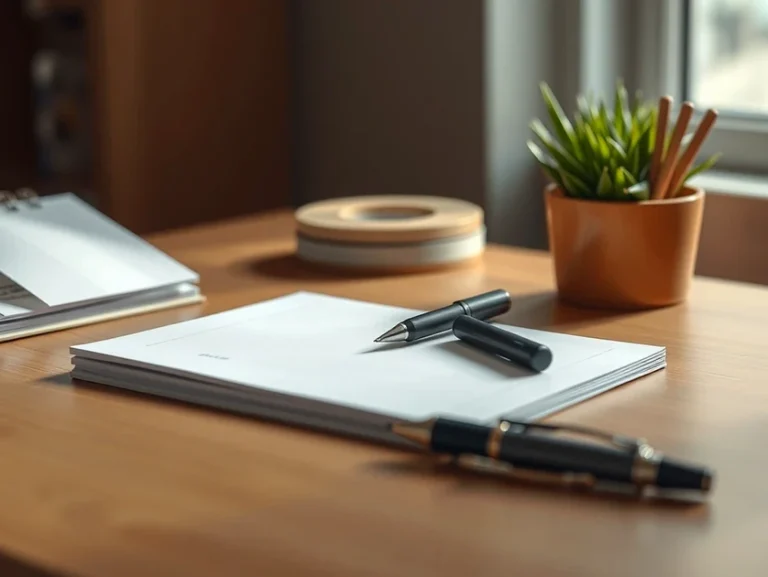 Escritorio con cuaderno, bolígrafo y planta decorativa.