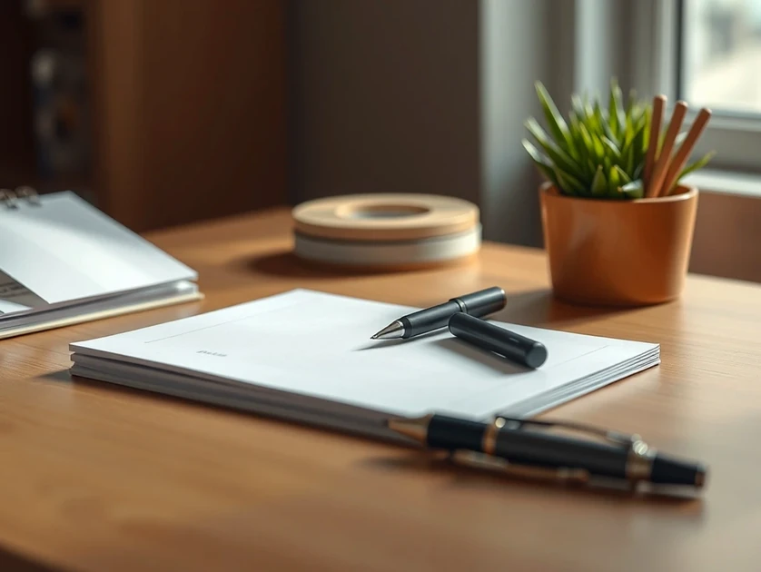 Escritorio con cuaderno, bolígrafo y planta decorativa.