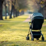 Carrito de bebé en un parque con árboles al fondo