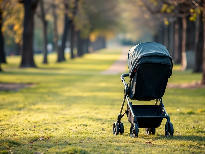 Carrito de bebé en un parque con árboles al fondo