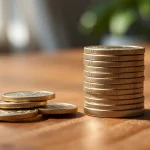 Monedas apiladas y algunas sueltas sobre una mesa de madera