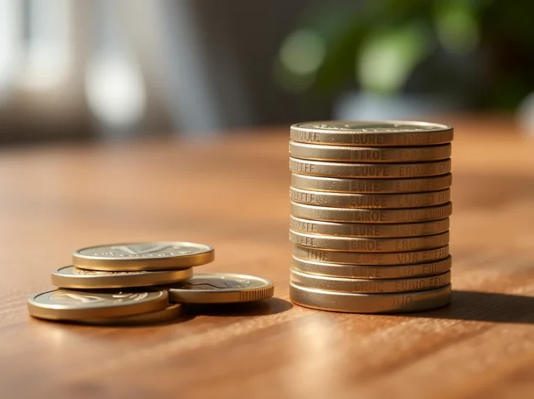 Monedas apiladas y algunas sueltas sobre una mesa de madera