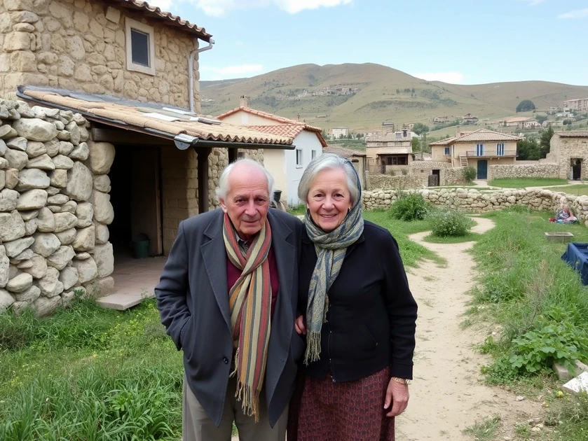 Pareja de ancianos sonrientes en un entorno rural.