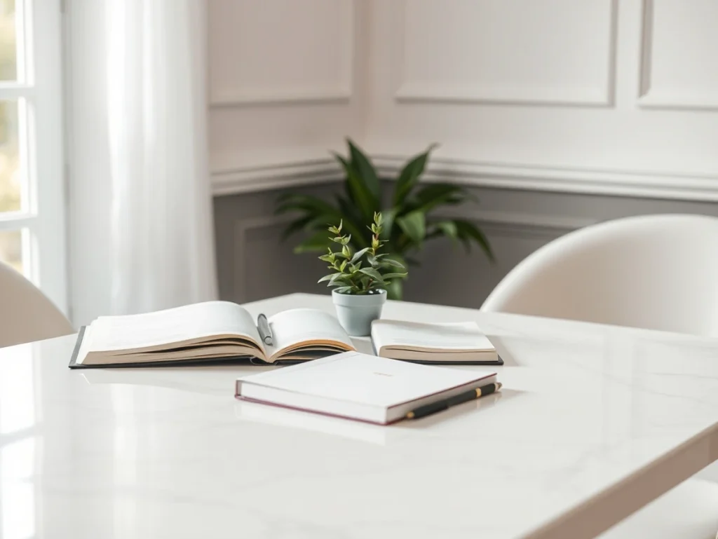 Mesa con libros abiertos y planta decorativa en un ambiente luminoso.