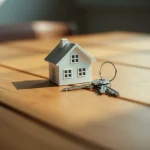Casa en miniatura con llaves sobre una mesa de madera