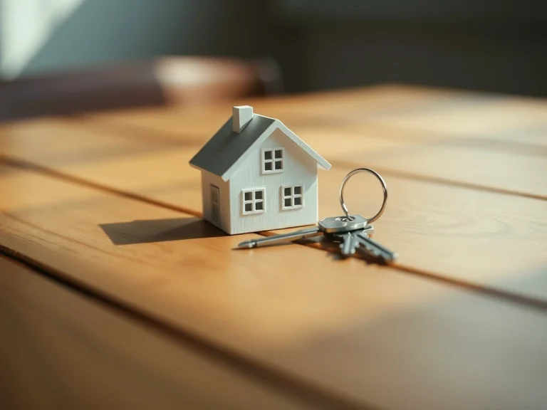 Casa en miniatura con llaves sobre una mesa de madera