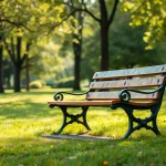 Banco de parque rodeado de árboles y césped verde