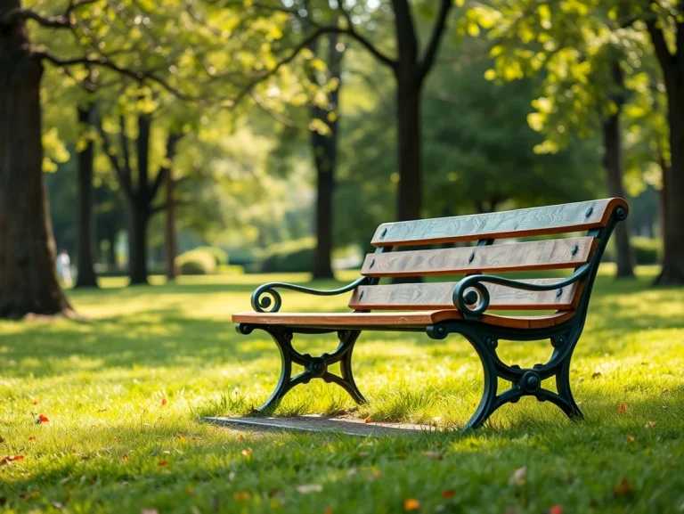 Banco de parque rodeado de árboles y césped verde