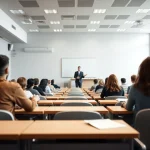 Clase en aula moderna con un profesor frente a estudiantes