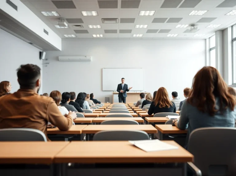 Clase en aula moderna con un profesor frente a estudiantes