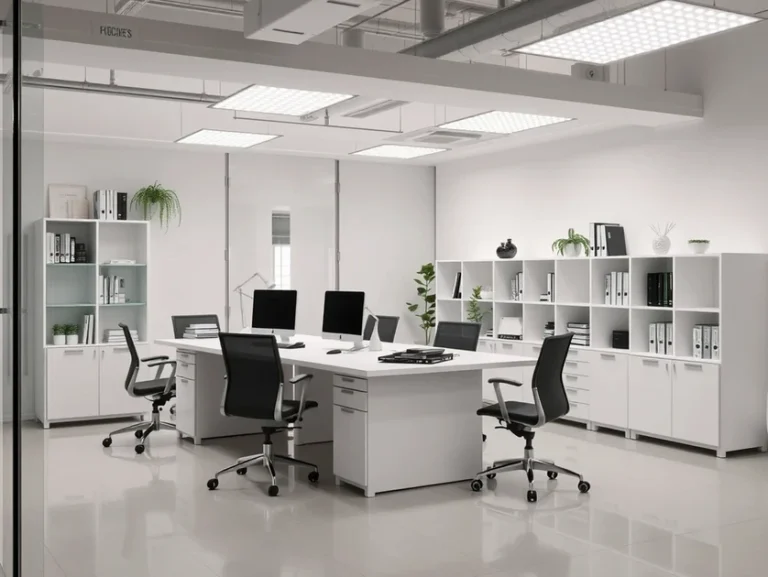 Oficina moderna con escritorios, sillas y estanterías blancas.