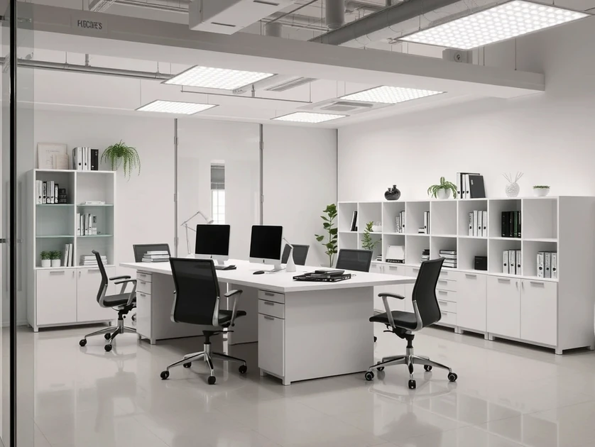Oficina moderna con escritorios, sillas y estanterías blancas.