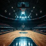Cancha de baloncesto iluminada en un estadio vacío