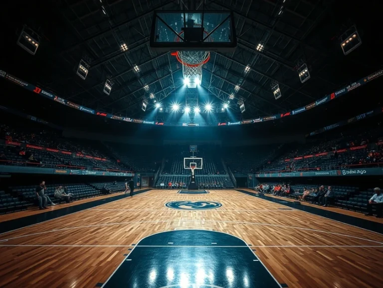 Cancha de baloncesto iluminada en un estadio vacío