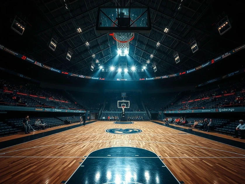 Cancha de baloncesto iluminada en un estadio vacío