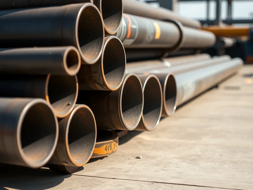 Tuberías de acero apiladas en un entorno industrial