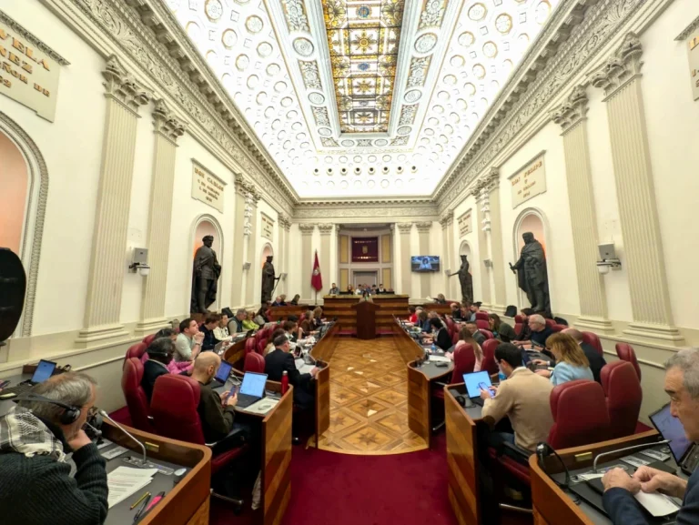 Pleno de las Juntas Generales de Araba con asistentes y estatuas