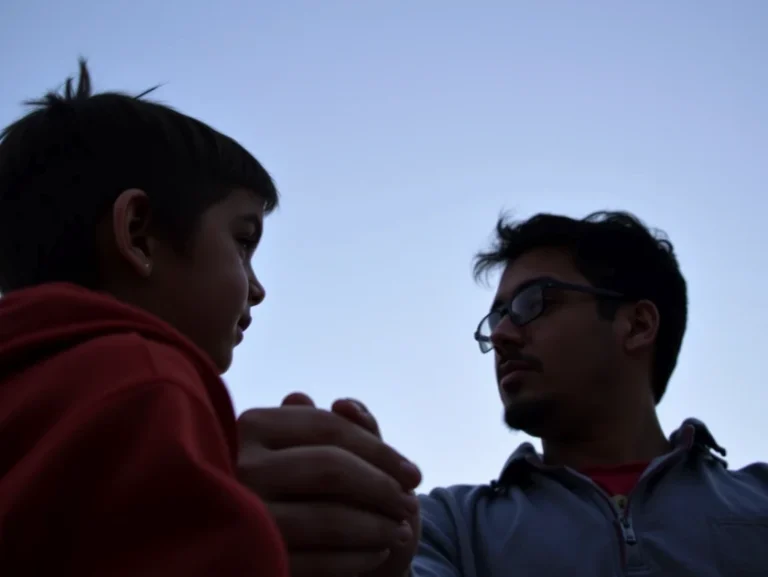 Silhouette de un niño y un adulto en un fondo azul claro.
