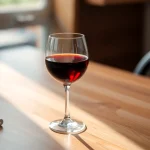 Copa de vino tinto sobre una mesa de madera iluminada