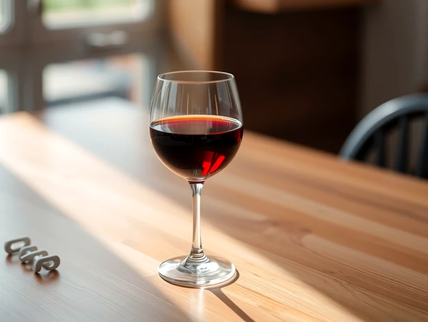 Copa de vino tinto sobre una mesa de madera iluminada