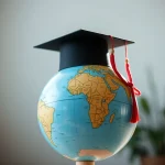 Globo terráqueo con birrete de graduación y borlas rojas