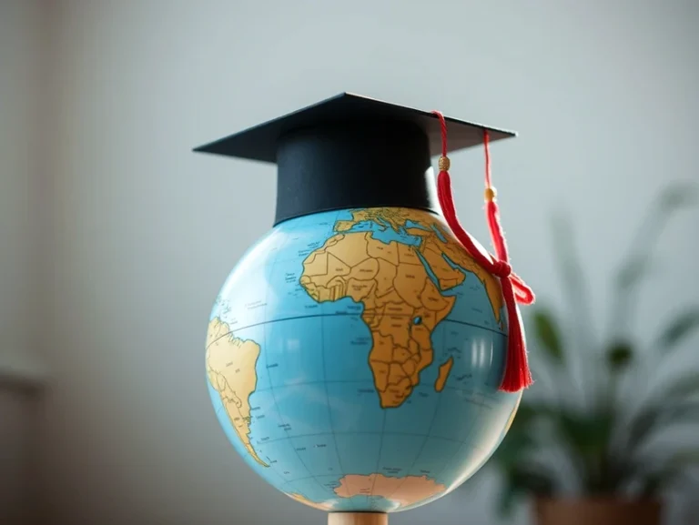 Globo terráqueo con birrete de graduación y borlas rojas